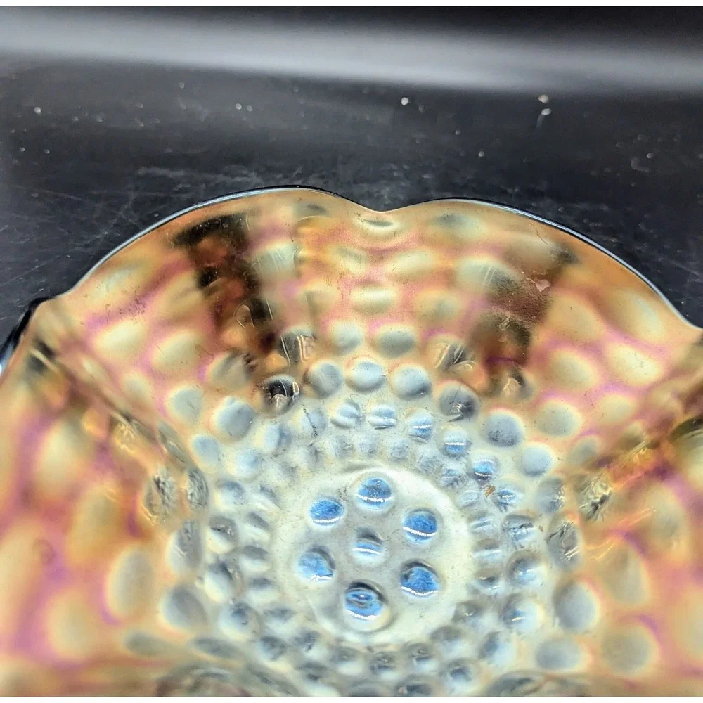 Fenton Carnival Glass Amethyst Coin Dot Wavy Bowl Green Glow Heavy Iridescence